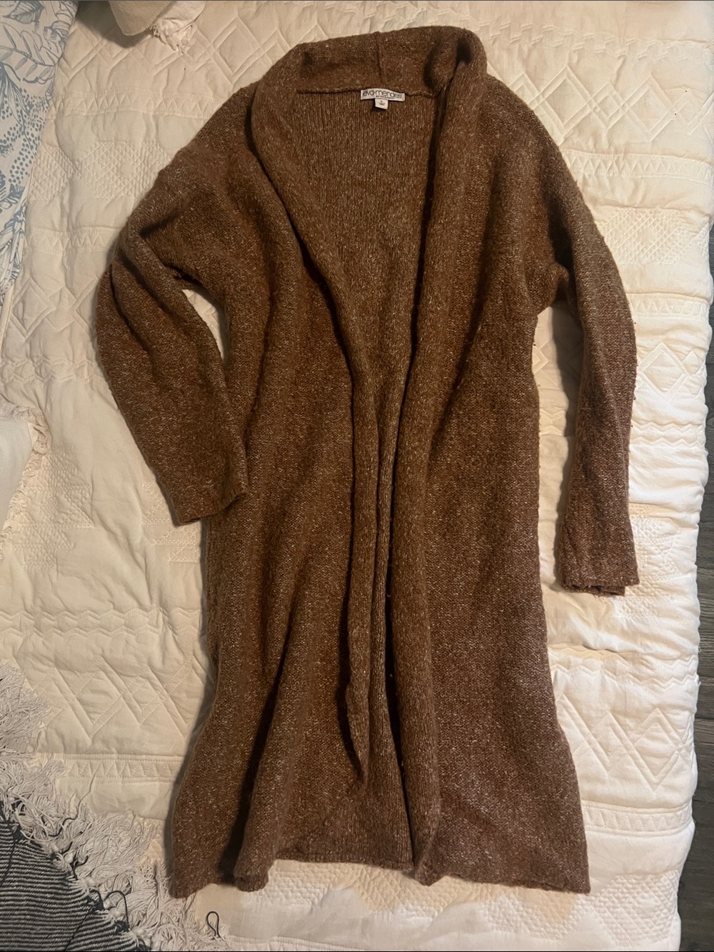 Eva Mendez Long Open-Front Brown Rust Knit Cardigan Sweater